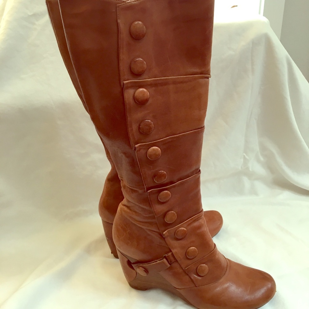 Miz Mooz Cognac Buttery Leather Wedge Boots